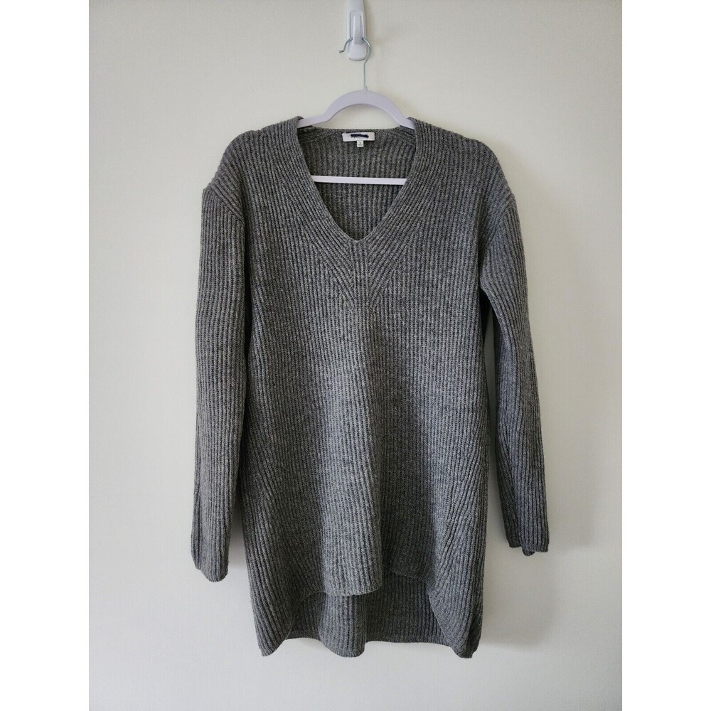 Madewell Womens Wool Long V-Neck Sweater M Gray Droptail Rib-Stitch Knit *FLAWS* - Picture 2 of 10